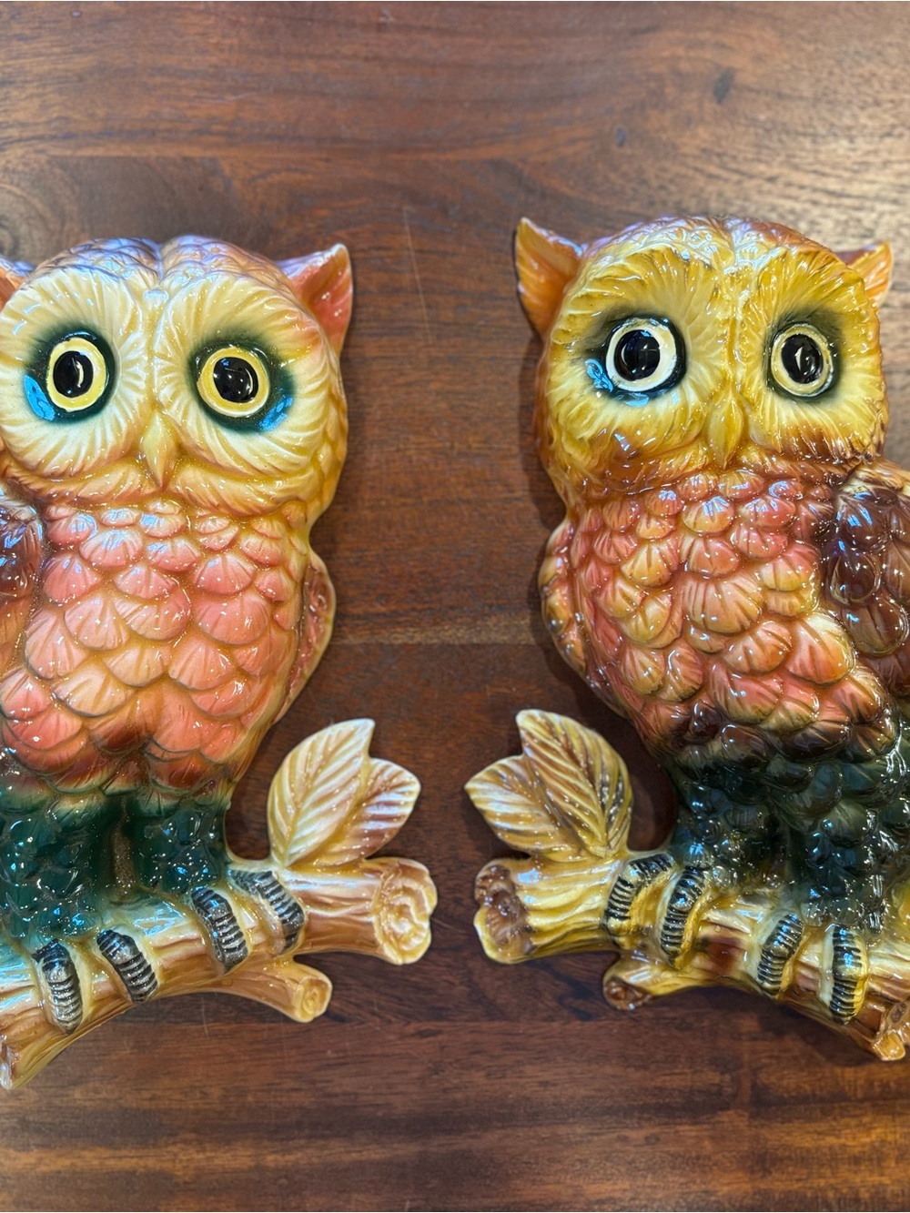 Lefton Ceramic Owl Wall Plaques in Yellow, Pink and Green